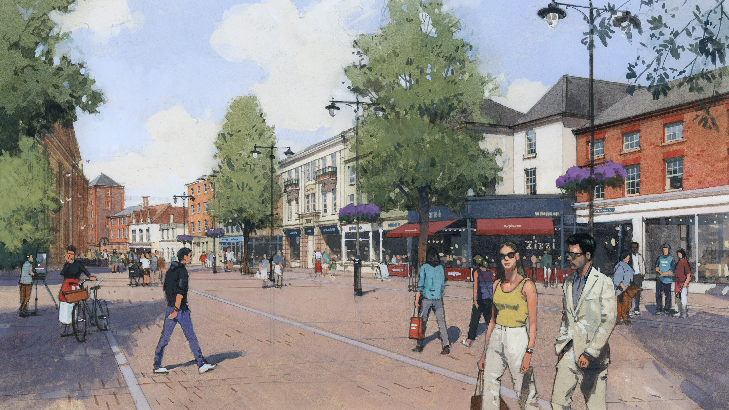 An artists impression of a Newbury street scene. It is a summers day and there are trees in the pedestrianised area. People are stolling wearing short-sleeve tops and wearing sunglasses.