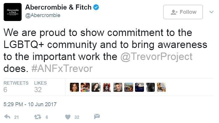 Abercrombie & Fitch wrote on Twitter: "We are proud to show commitment to the LGBTQ+ community and to bring awareness to the important work the @TrevorProject does".