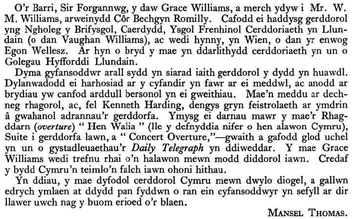 Erthygl am Grace Williams yn Tir Newydd yn 1937