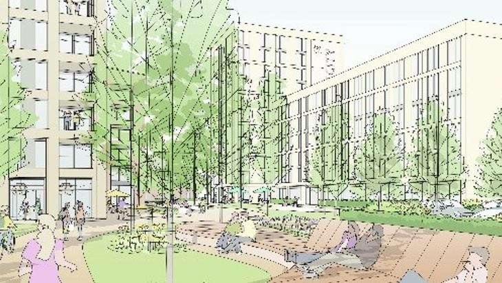 An artist's impression of Gresham plans showing three housing blocks and green space with trees and public seating in front