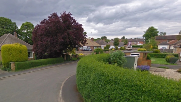 Road, bungalows and gardens in Orchard Way, West Winch