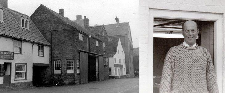 Old black and white picture of the French's fish and chip shop in Wells. Next to it is a picture of founder William French. He is wearing a crew-neck jumper and is smiling.