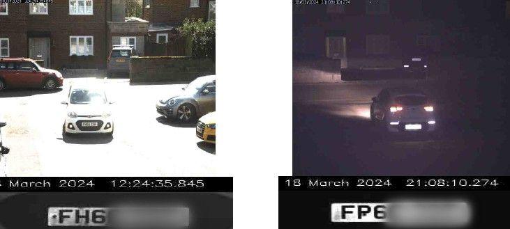 Two CCTV images of cars with different number plates