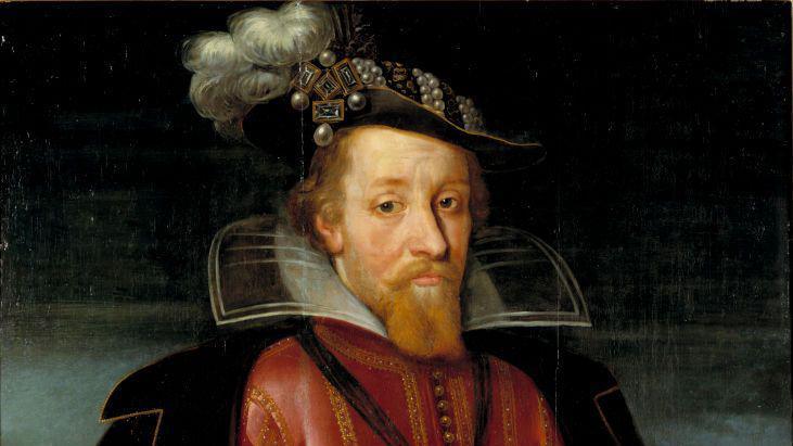 A portrait of King James VI of Scotland, I of England, a man with a red beard and a hat with a feather on it in a black robe