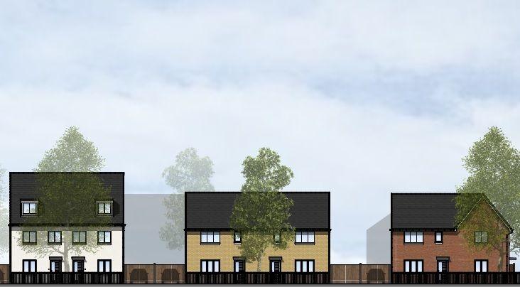 An illustrative street scene of the proposed 172 Great Haddon homes. Three buildings are in a row. The house on the left is semi-detached and white, with three storeys. The house in the middle is made of yellow bricks and is also semi-detached, with two storeys. The house on the right is a red brick detached home.