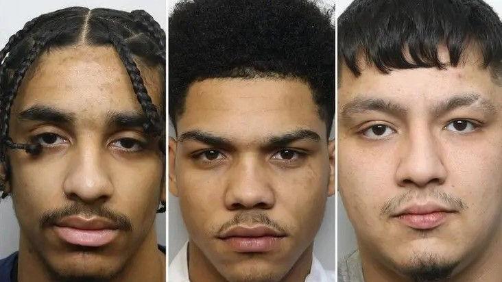 Mugshots of three young men, all of whom have dark eyes and sullen expressions.