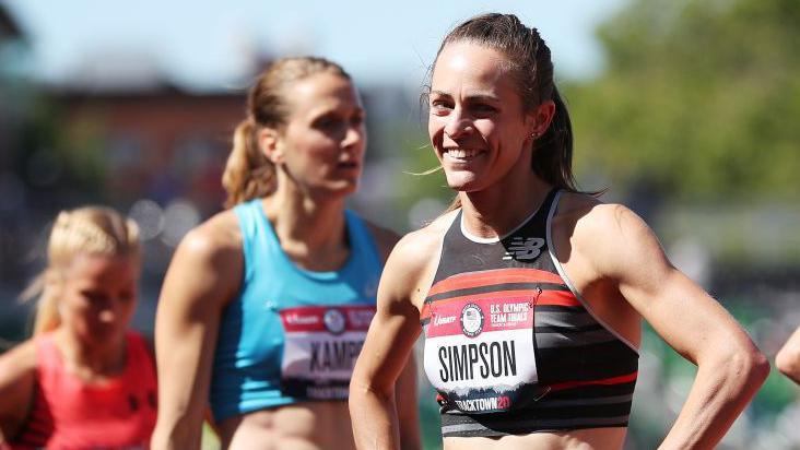 Jenny Simpson smiles after competing in the US Olympic track and field trials in June 2021