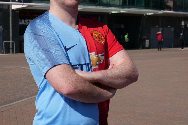 A Half-and-half Man City and Man United shirt.