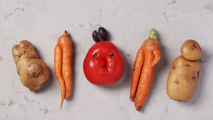 A selection of unusual looking fruit and veg including potatoes, carrots and a big tomato.