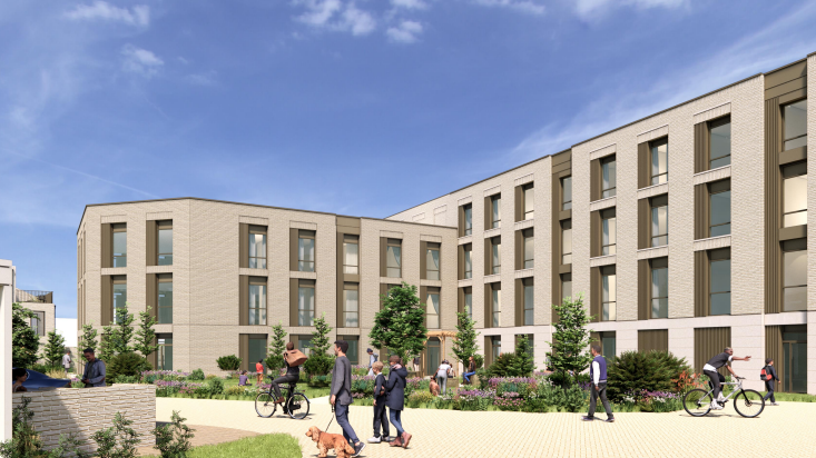 A CGI showing people walking outside apartment blocks which will be built on the North Place car park in Cheltenham