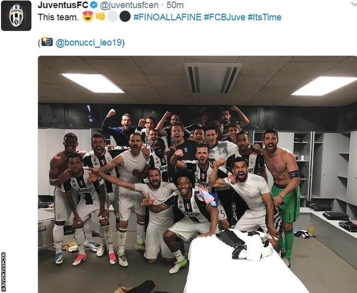 Juventus players celebrate reaching the semi-finals of the Champions League