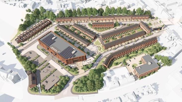 Aerial view of what the new development could look like, with the Goods Shed in the centre and a number of new terraced streets around it.