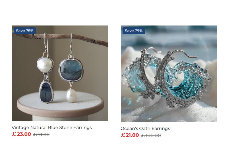 Two website listings of jewellery. One set of earrings features blue stones and white stones, while the other set appears like waves made from a blue material and a silver metal. The images could have been generated by AI. The prices are crossed out with other much lower prices in red font next to them.