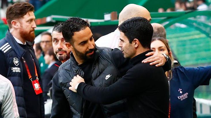 Ruben Amorim embraces Arsenal manager Mikel Arteta