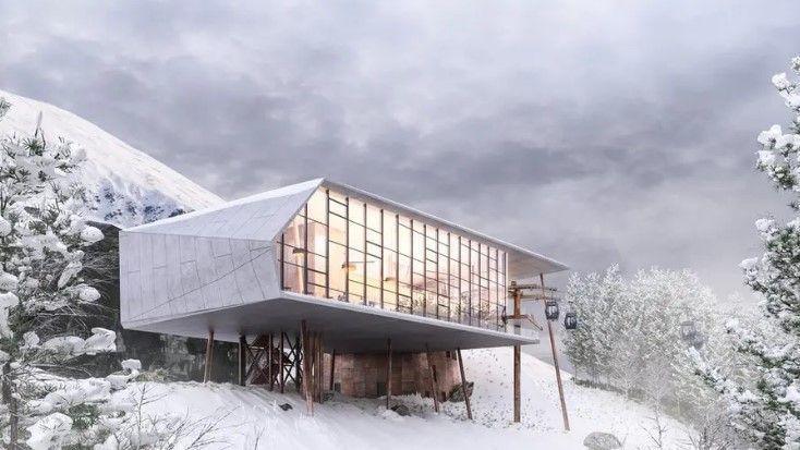 An artists impression of what the gondola could look like. It is a modernistic building on stilts perched on the side of a mountain. Cable cars are seen travelling to and from it.