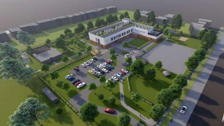 An artists impression of the new Four Oaks junior and infant school showing a two-storey building with cars parked to the left hand side of the building. There are green trees and sections of grass surrounding the school