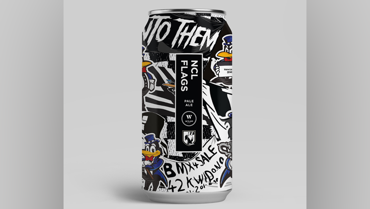 A black and white can of "NCL FLAGS" pale ale. The design features black and white words and the blue and yellow tifo bird cartoon.