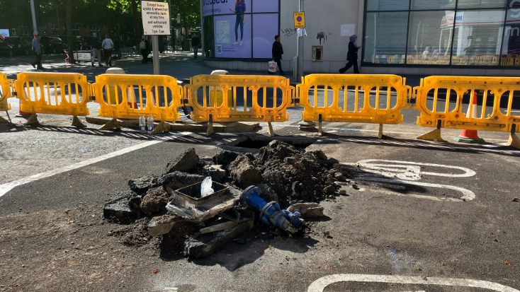 A pile of rubble in the street