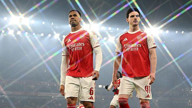 Arsenal players Gabriel and Declan Rice
