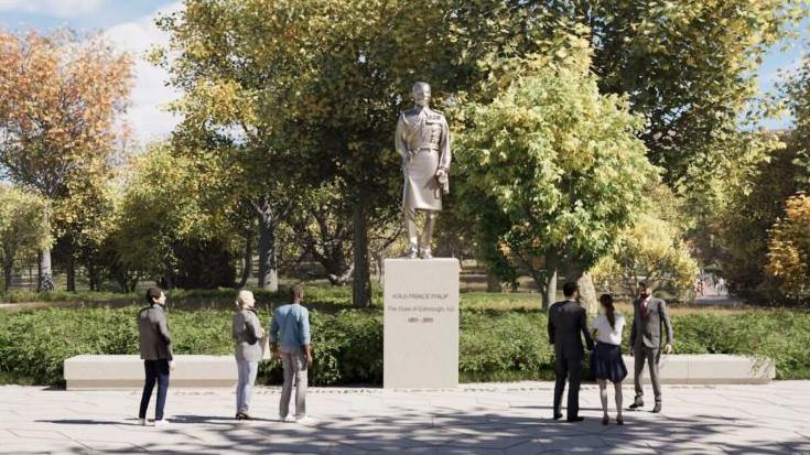 A statute of Prince Philip is positioned on a tall plinth, with two stone benches on either side. There are trees behind and six people are standing looking at it in this artist's impression.