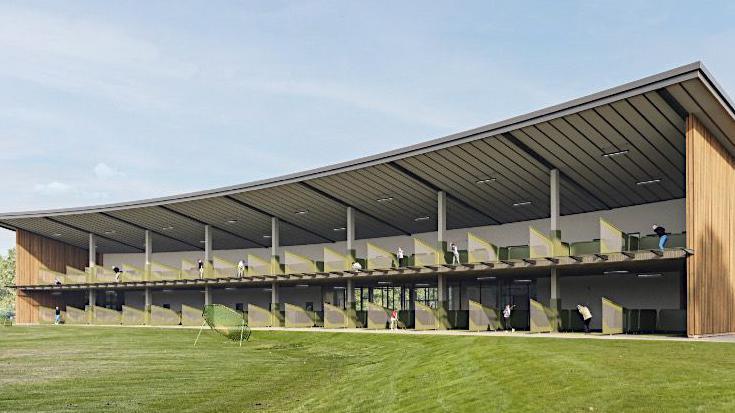 artist's impression of golfers practising shots at a two-storey driving range 