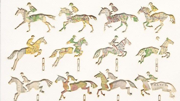 A card artwork with cut-out silhouettes of people riding horses which are jumping over hurdles. This represents equestrianism and the figures have newspaper cuttings behind them in the background.