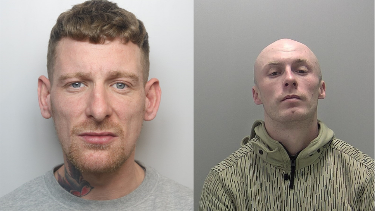 Mugshots of Ryan Byrne and George Stephens. Byrne, on the left, has a bird tattoo on the neck. Stephens, on the right, is wearing a green hoodie.