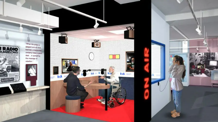 Artist's impression of the National Science and Media Museum, showing two men speaking in a mock radio studio, while a woman stands listening outside with headphones.