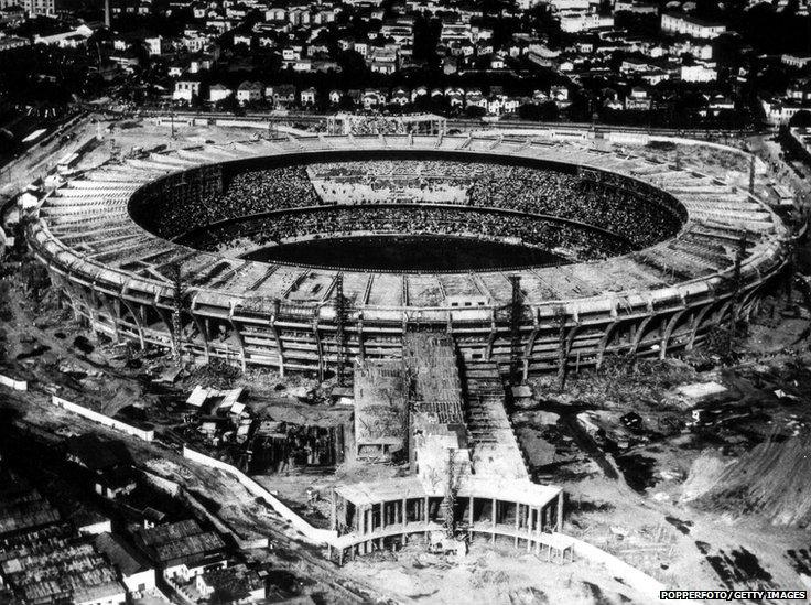 Aerial view of the Maracana Stadium under construction for the 1950 World Cup finals, January 1950