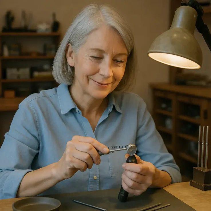 A woman with grey/white bobbed hair sits at a wooden desk in a jewellery shop, wearing a blue shirt and tending to some jewellery under a light. 