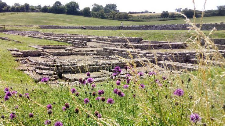 The ruins of the villa pictured amid a green field. The stone bricks are at low height, the size and shape of the rooms visible from the location of the bricks. A stone wall is in the distance.