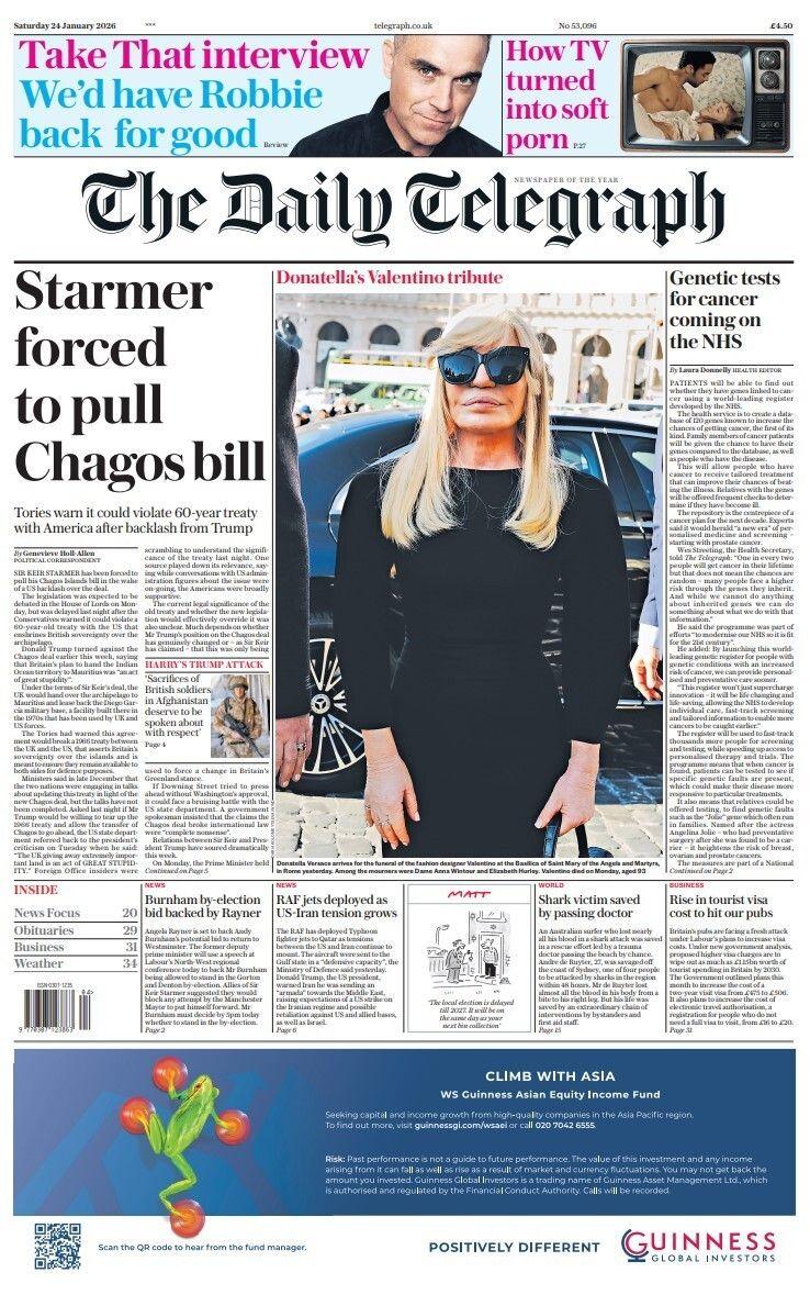 "Starmer detyrohet të tërheqë projektligjin Chagos", thuhet në titullin kryesor në faqen e parë të Daily Telegraph.