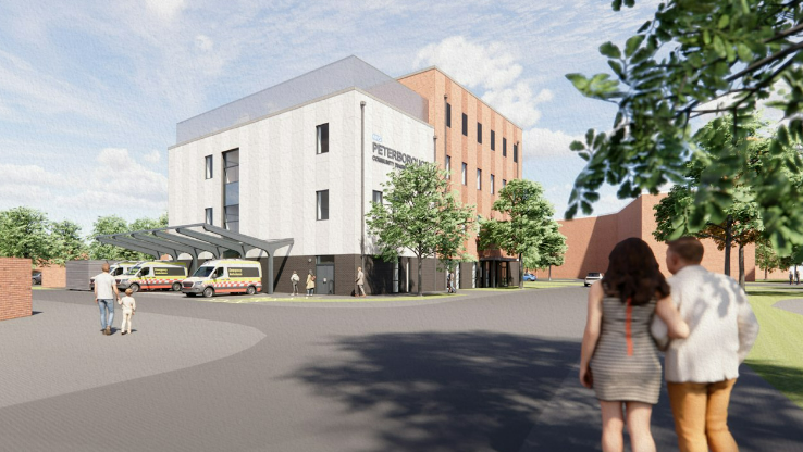 An artist's impression of the building, which consists of a white block with three storeys and brown block with four. There is a large grey, paved area with parking bays. Three ambulances are in the bays. In the foreground, a couple are walking towards the building.