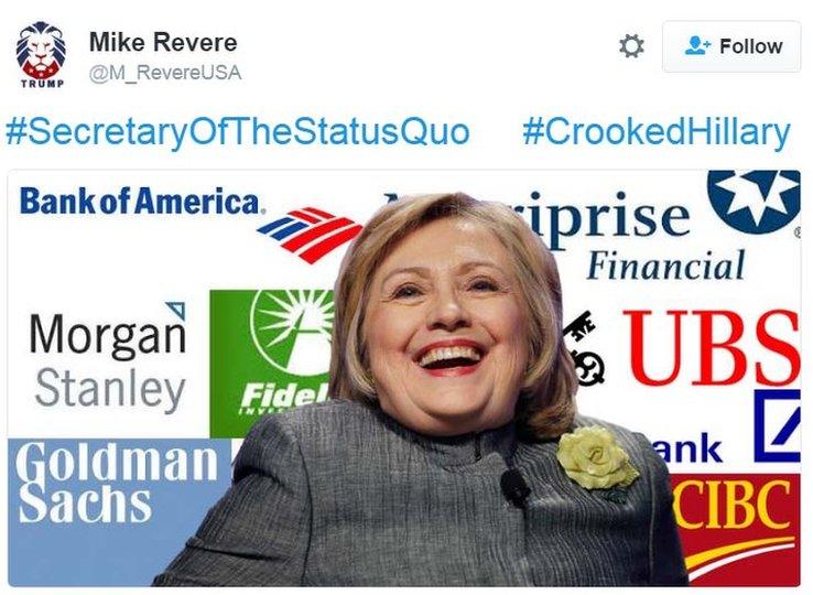 Trump supporter meme linking Hillary Clinton to banks