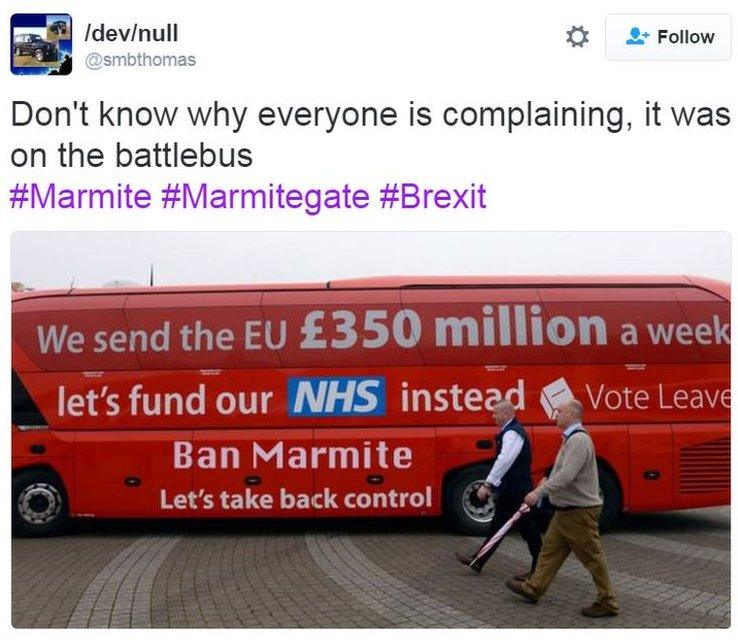 Picture of Leave campaign bus with phrase "Ban Marmite" photoshopped on