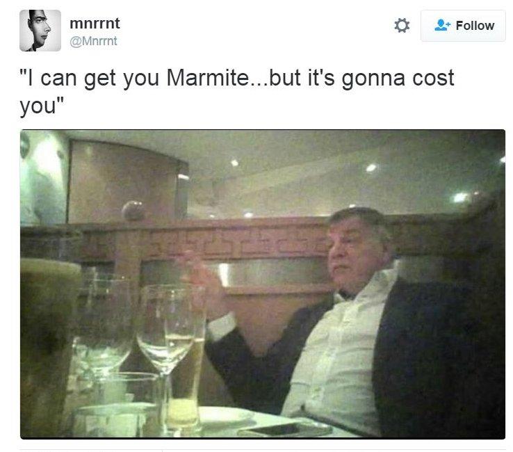 Undercover footage of Sam Allardyce with caption: "I can get you Marmite but it's going to cost."