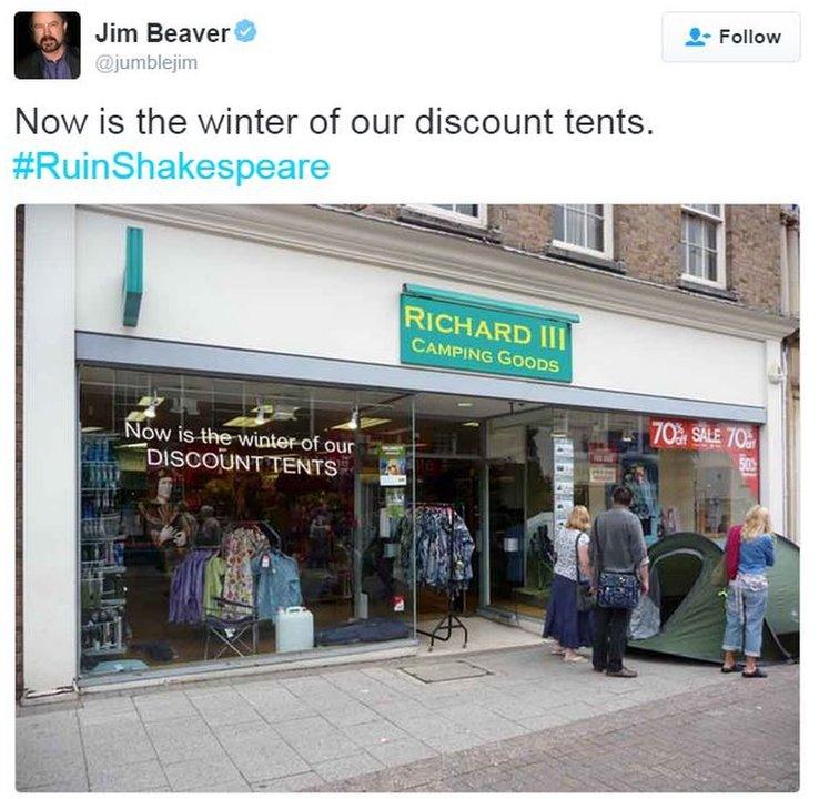 Tweet of camping shop with sale on "Now is the Winter of our discount tents"