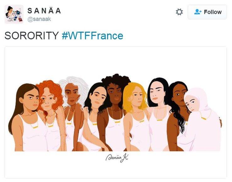 Cartoon of women in underwear hugging woman in Burqa with caption "SORORITY"