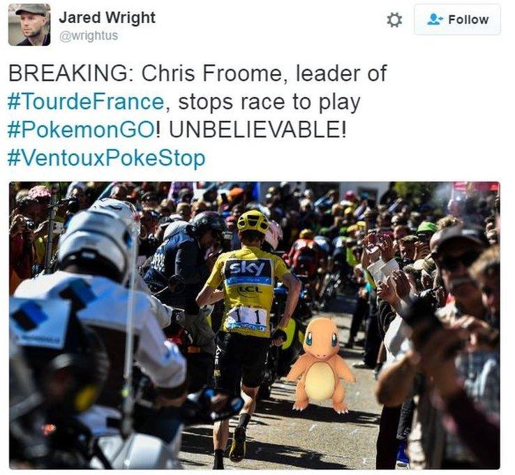 Joke tweet suggesting Froome got off bike to chase Pokemon