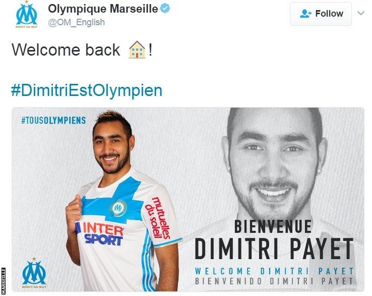 Marseille announce Dimitri Payet signing on Twitter