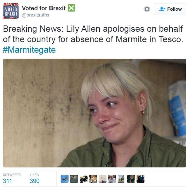 Breaking News: Lily Allen apologises on behalf of the country for absence of Marmite in Tesco