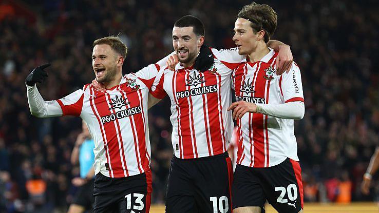 Leo Scienza, Finn Azaz and Caspar Jander celebrate after scoring for Southampton