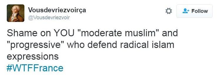 Tweet expressing astonishment that "moderate muslim" and "progressive" people would oppose the ban