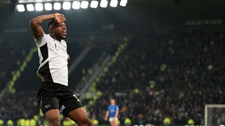 Derby's Ebou Adams celebrates his goal against Portsmouth