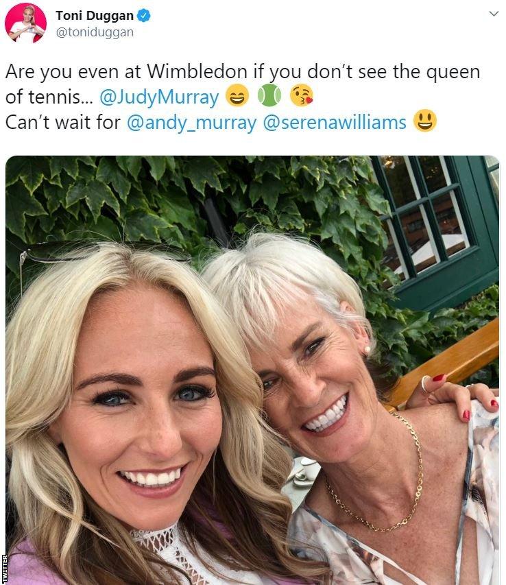 Toni Duggan tweet displaying a photo of her with Toni Duggan, with the caption: "Are you even at Wimbledon if you don't see the queen of tennis Judy Murray? Can't wait for Andy Murray Serena Williams"