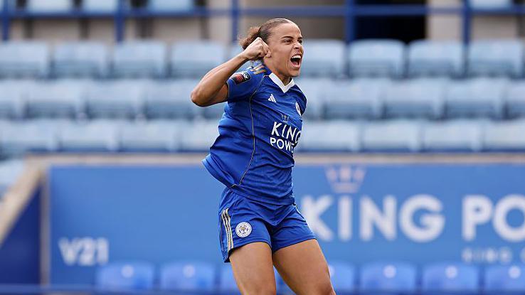 Noemie Mouchon celebrates scoring Leicester's equaliser