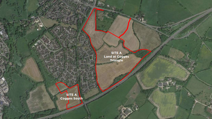 The map outlining two sites in Witney, the land at Cogges Triangle and Cogges South