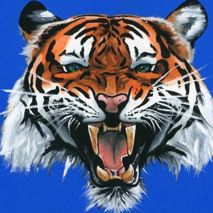 A picture of a tiger on a bright blue background by Henry Fraser