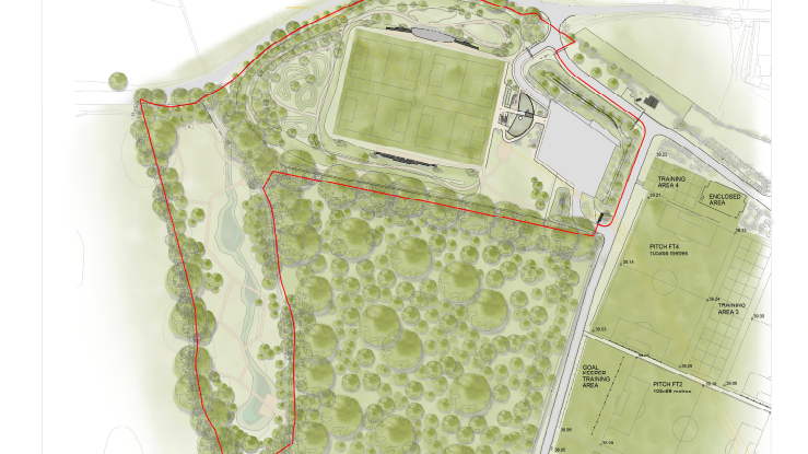 Artists impression of the park from above, with the edges of the proposed site lined in red.