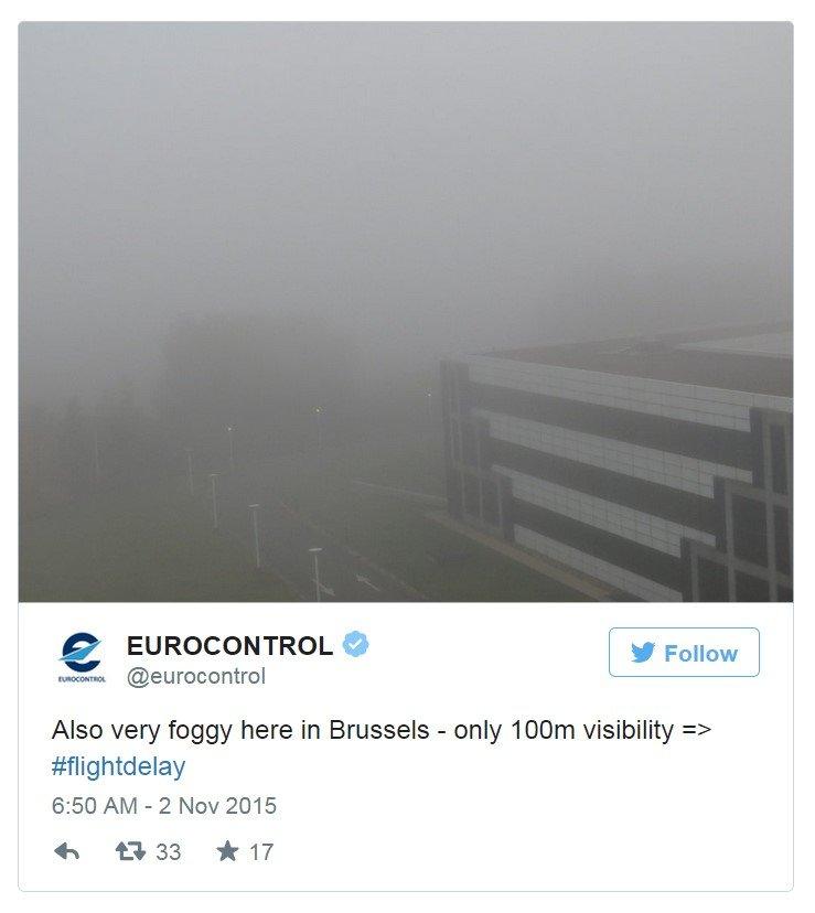 Also very foggy here in Brussels - only 100m visibility => #flightdelay